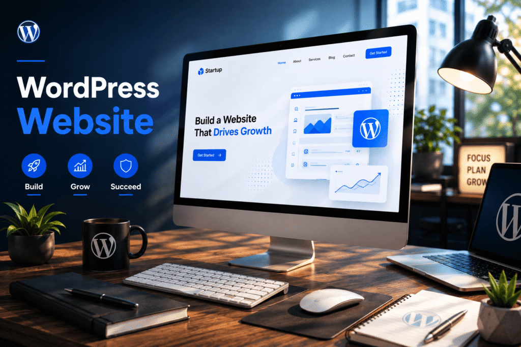 Modern WordPress website displayed on a desktop computer in a professional workspace