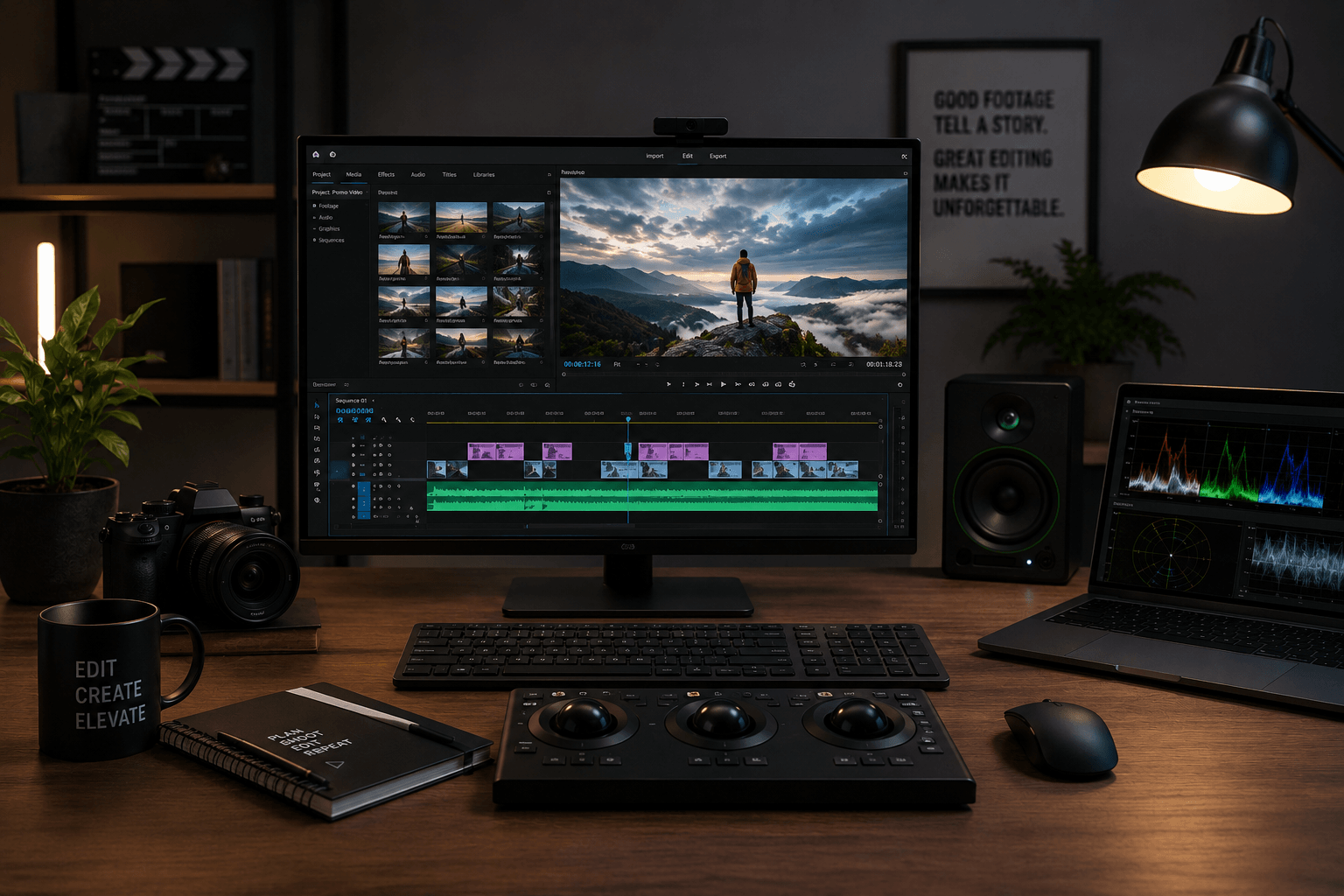 Professional video editing workstation with footage timeline and color grading tools