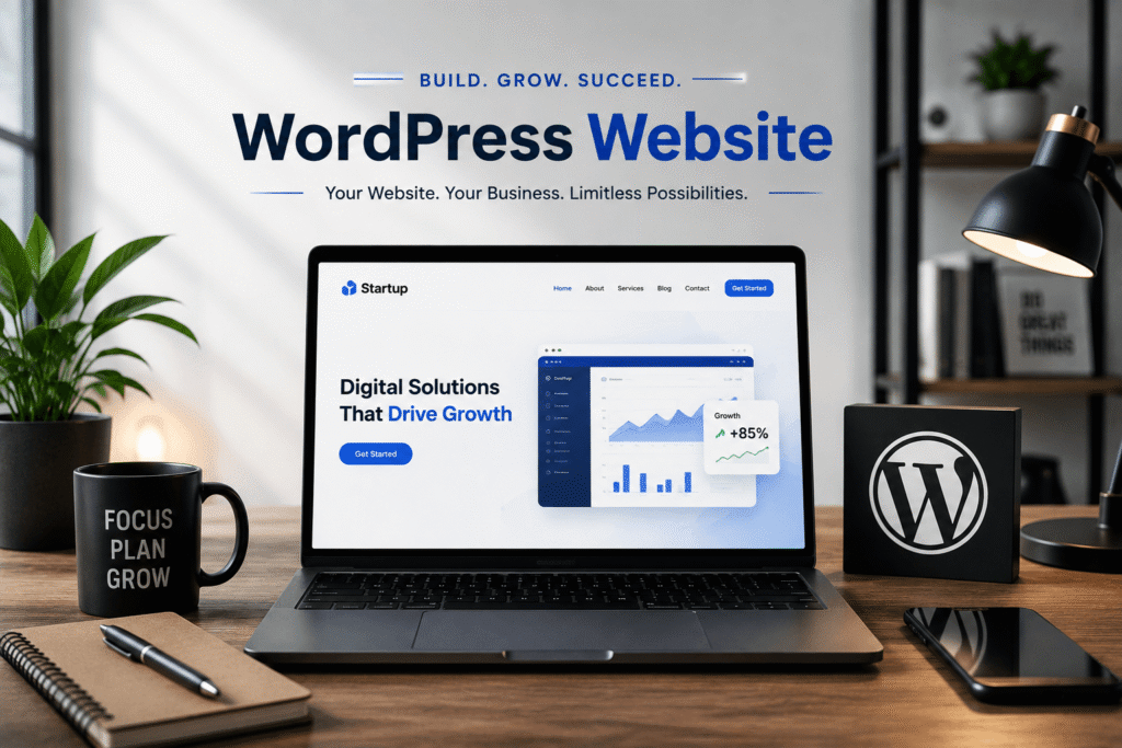 Modern WordPress website displayed on a desktop computer in a professional workspace