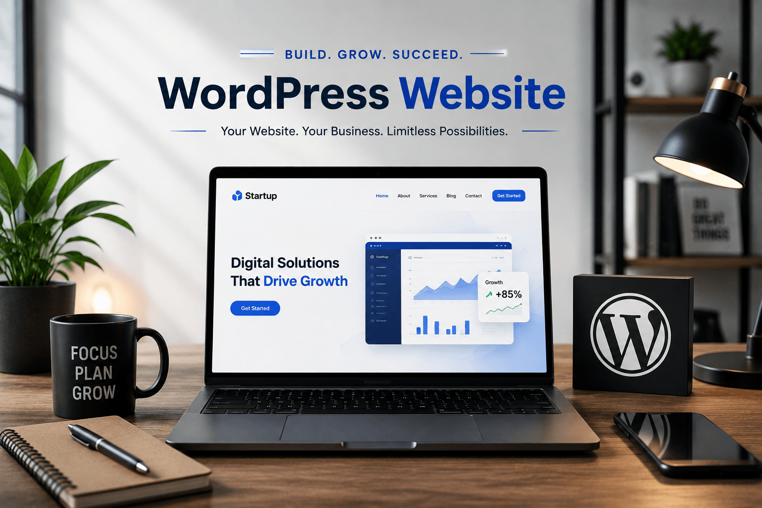 Modern WordPress website displayed on a desktop computer in a professional workspace